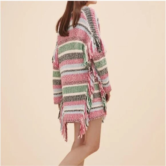Maje Sweaters - Maje Missy Multicolor Stripe Fringe Knit Long Sleeve Open Front Cardigan Small S